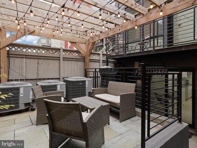 view of patio with an outdoor hangout area, cooling unit, and a pergola