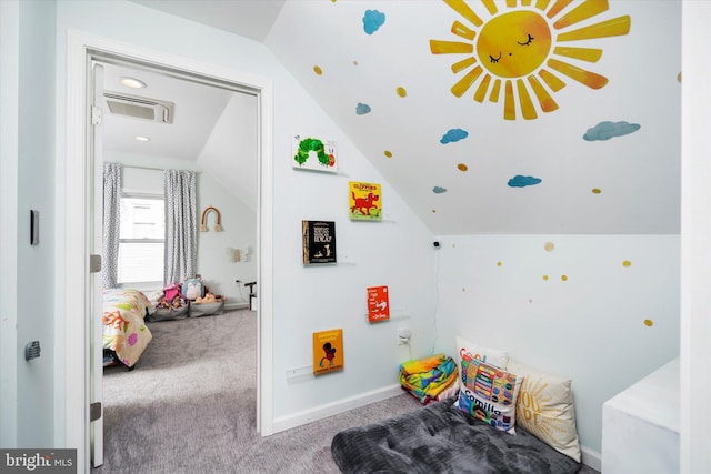 game room featuring lofted ceiling and carpet floors