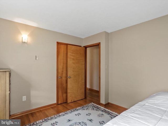 bedroom with wood-type flooring and a closet