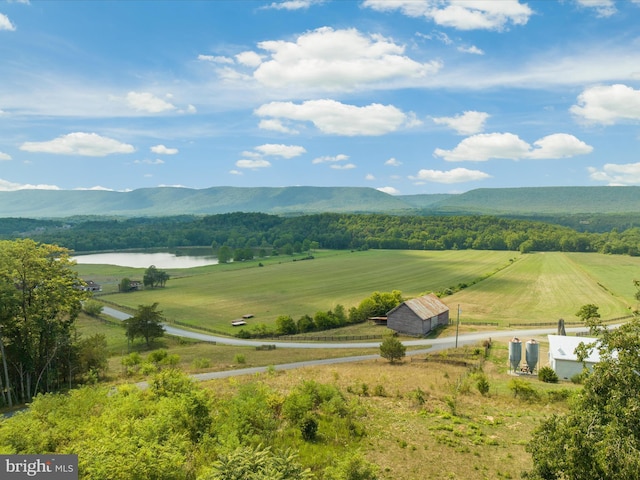 mountain view featuring a rural view and a water view