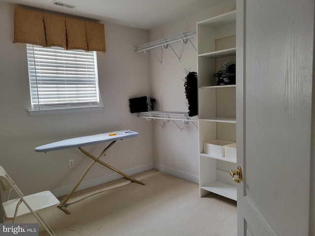 spacious closet featuring light carpet