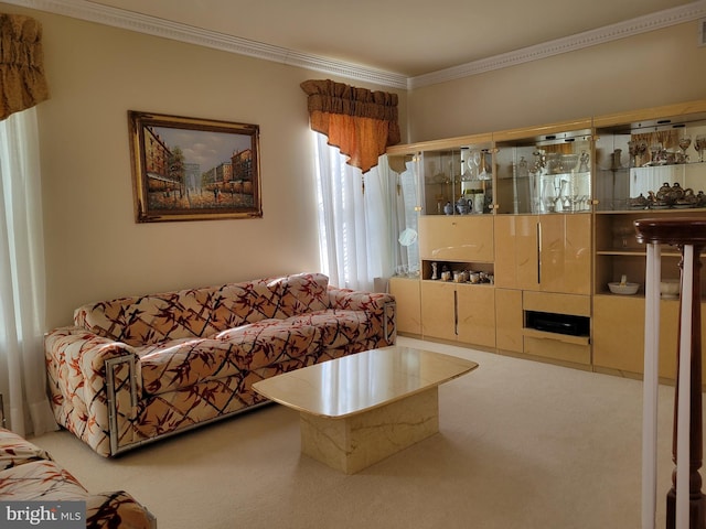 carpeted living room with crown molding