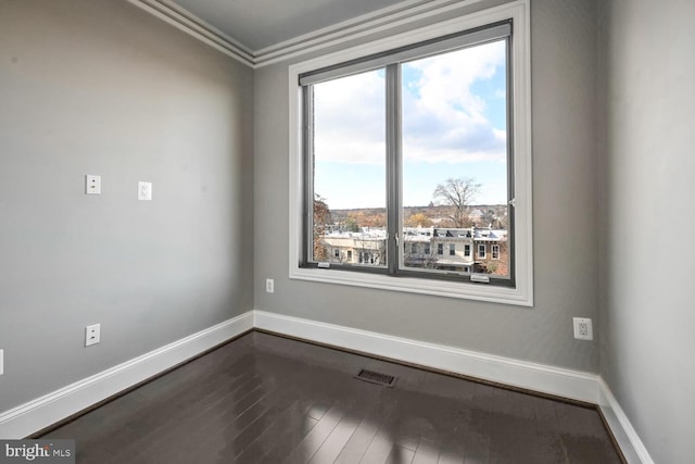 spare room featuring plenty of natural light, wood-type flooring, and ornamental molding