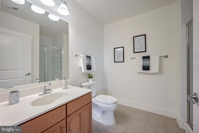 bathroom with walk in shower, tile patterned flooring, vanity, and toilet