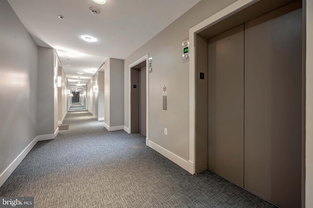 corridor featuring carpet flooring and elevator