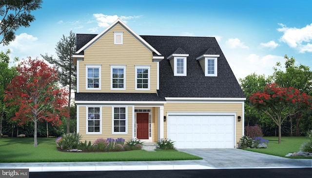 view of front of property featuring a front lawn and a garage