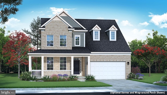 view of front facade featuring covered porch, a garage, and a front yard