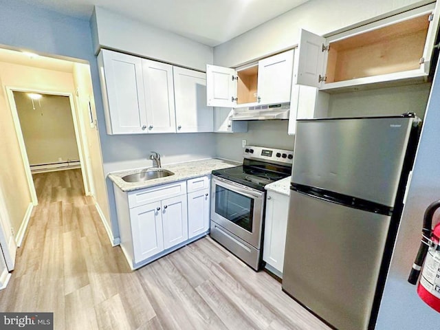 kitchen featuring white cabinetry, sink, a baseboard heating unit, light hardwood / wood-style floors, and appliances with stainless steel finishes