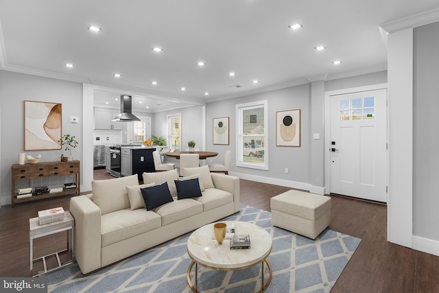 living room with dark hardwood / wood-style floors and ornamental molding