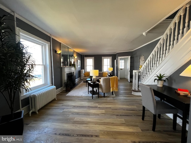 interior space with hardwood / wood-style flooring, crown molding, and radiator