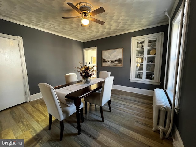 dining room with crown molding, radiator, dark wood-type flooring, and ceiling fan