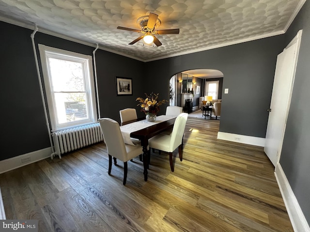 dining space featuring ceiling fan, radiator heating unit, ornamental molding, and hardwood / wood-style flooring