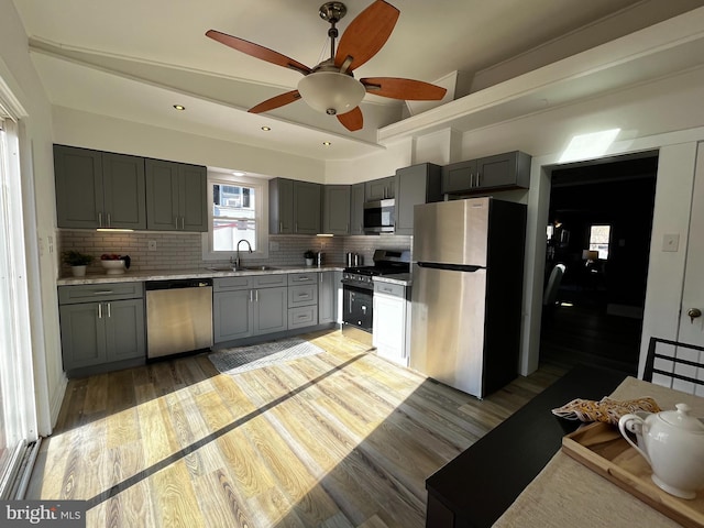 kitchen with backsplash, gray cabinets, sink, and appliances with stainless steel finishes