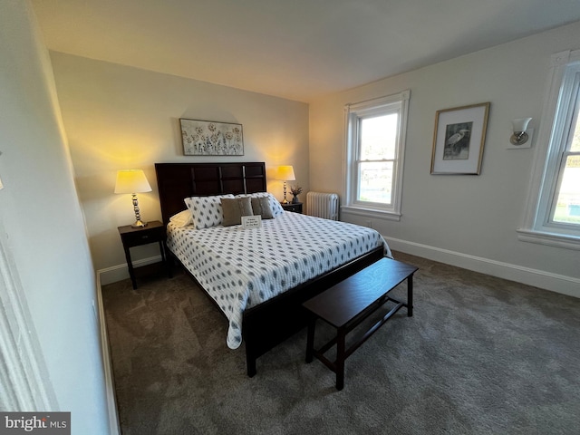 bedroom with radiator and dark colored carpet