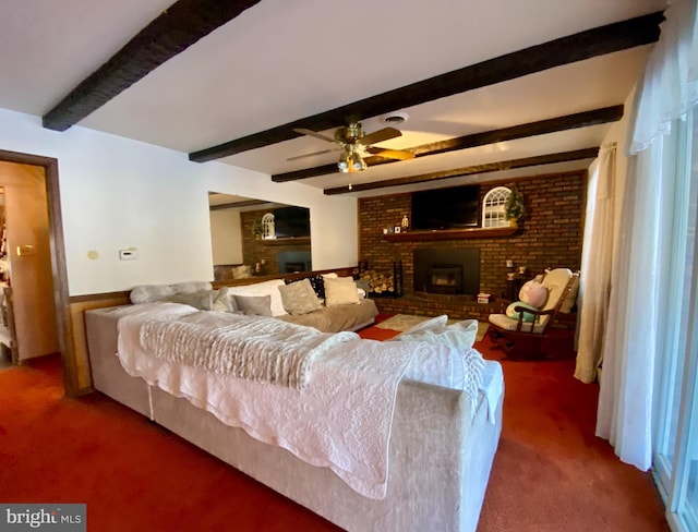 220 Robinson Rd, Salem, NJ 08079 - carpeted living room with a brick fireplace, beamed ceiling, and a ceiling fan