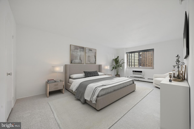 carpeted bedroom featuring a wall mounted AC and a baseboard radiator