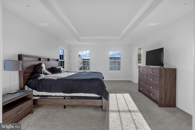 carpeted bedroom featuring a raised ceiling