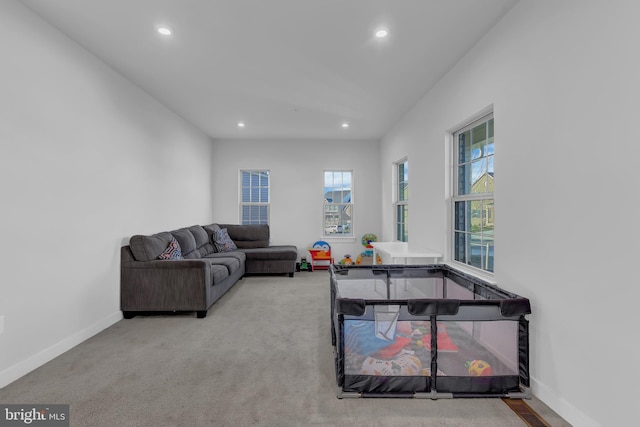 living room featuring light colored carpet