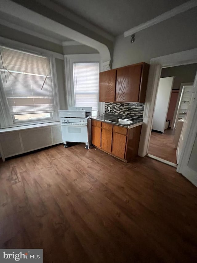 5122 N Broad St, Philadelphia, PA 19141 - kitchen with decorative backsplash, sink, ornamental molding, and light wood-type flooring