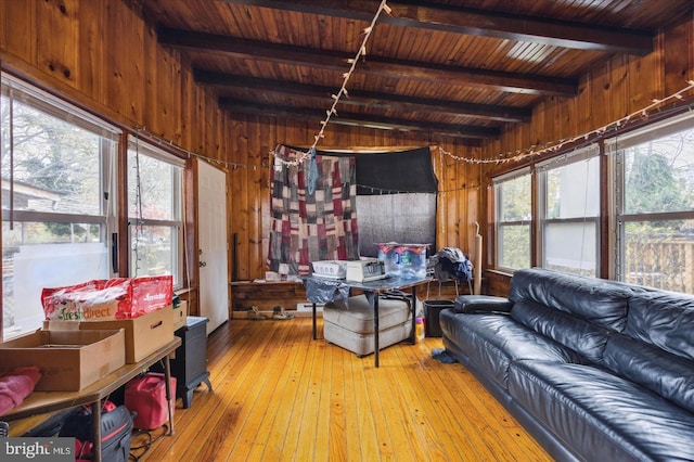 5122 N Broad St, Philadelphia, PA 19141 - living room featuring beamed ceiling, light hardwood / wood-style floors, wooden ceiling, and wooden walls