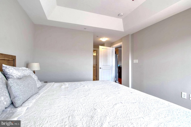 bedroom with a tray ceiling