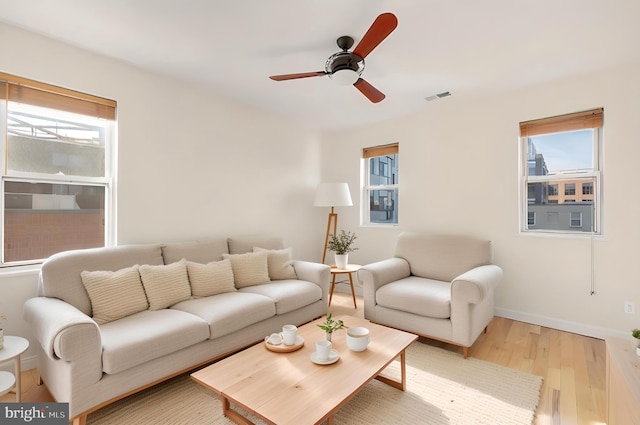 living room with ceiling fan and hardwood / wood-style flooring