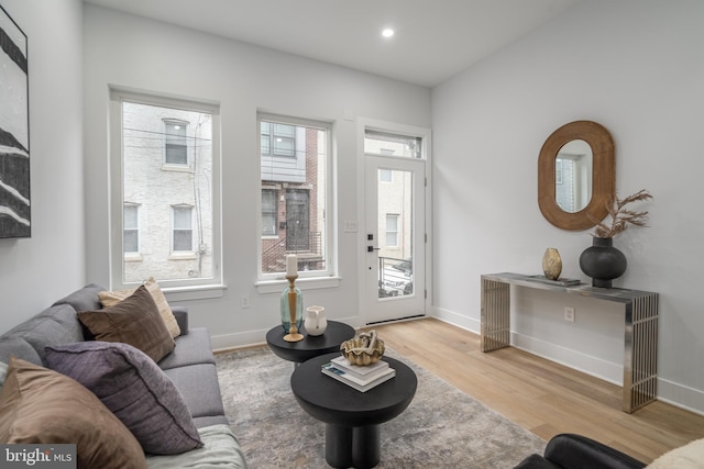 living room with plenty of natural light and light hardwood / wood-style flooring