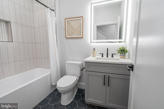 full bathroom with tile patterned flooring, vanity, toilet, and shower / tub combo with curtain