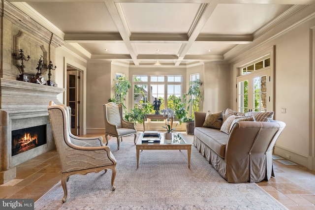 living room featuring coffered ceiling, beam ceiling, and crown molding