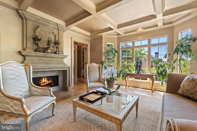 sunroom / solarium featuring beamed ceiling and coffered ceiling