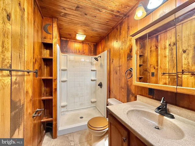 bathroom featuring wood walls, wooden ceiling, tile patterned flooring, toilet, and a tile shower