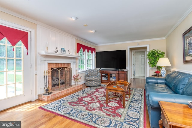 living room with hardwood / wood-style flooring, a fireplace, and ornamental molding