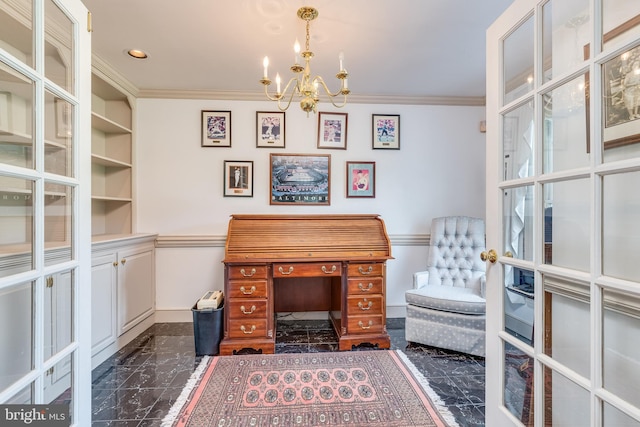 office area with ornamental molding and a notable chandelier