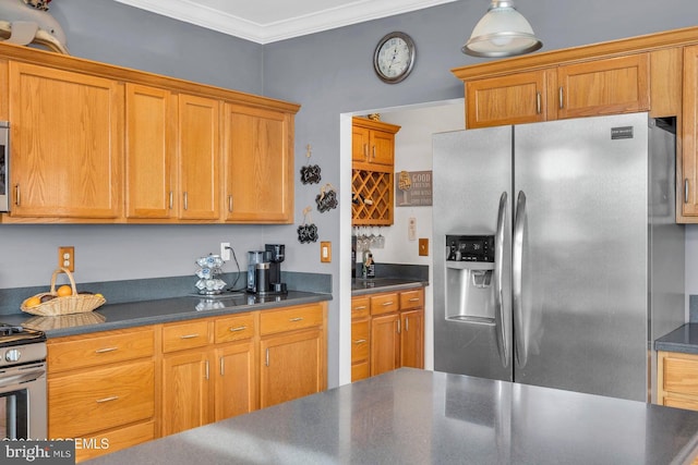 kitchen with ornamental molding and appliances with stainless steel finishes