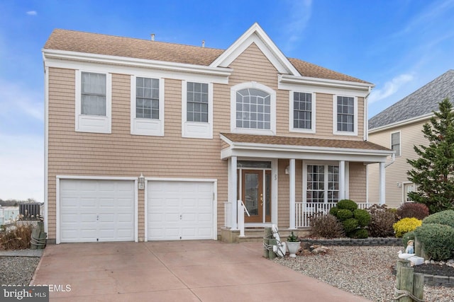 view of front of house featuring covered porch, central AC, and a garage