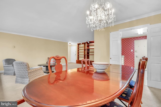 dining space featuring light carpet, ornamental molding, and an inviting chandelier