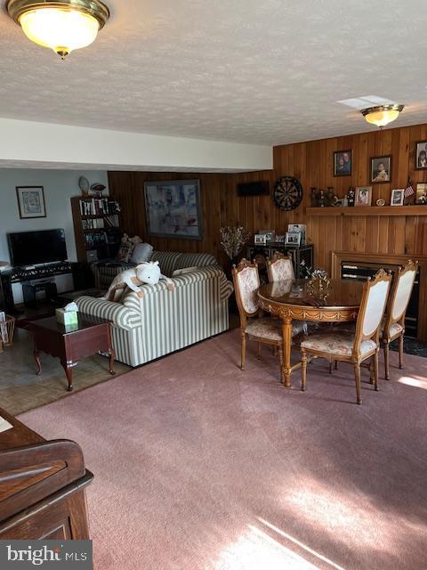 carpeted dining room with a textured ceiling and wooden walls