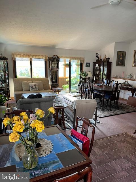 dining space with carpet flooring