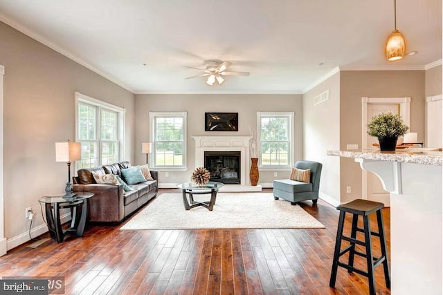 living room featuring dark hardwood / wood-style floors, ceiling fan, and crown molding