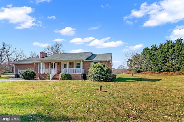 single story home with a front lawn, covered porch, and a garage