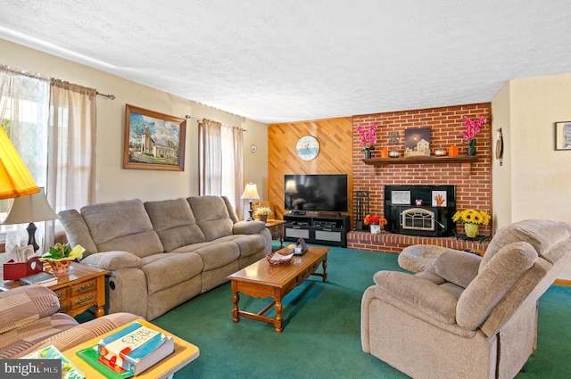 living room featuring carpet flooring, wood walls, plenty of natural light, and a textured ceiling