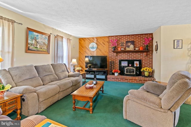 living room with carpet floors, a textured ceiling, and wooden walls