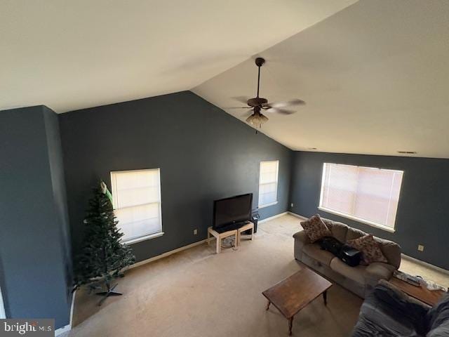 unfurnished living room featuring light carpet, ceiling fan, and lofted ceiling