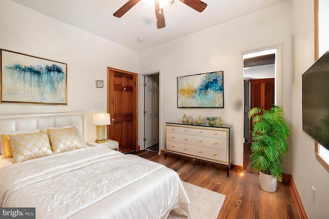 bedroom featuring ceiling fan and dark hardwood / wood-style floors