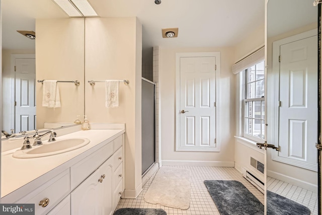 bathroom featuring tile patterned flooring, vanity, and an enclosed shower