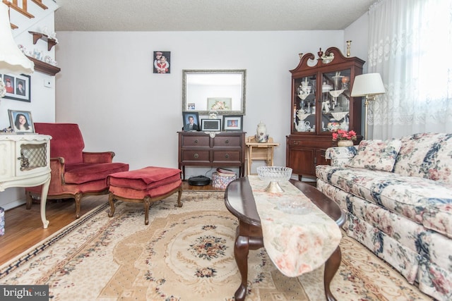 living room with hardwood / wood-style flooring and a textured ceiling