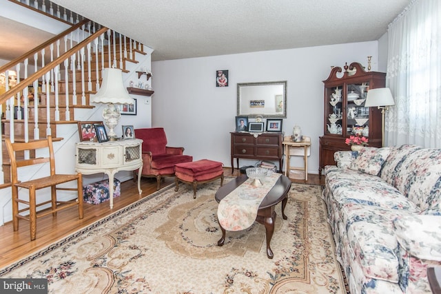 living room with a textured ceiling and hardwood / wood-style flooring