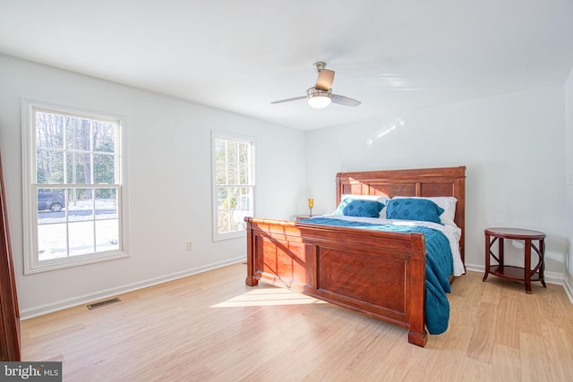 bedroom with ceiling fan and light hardwood / wood-style flooring