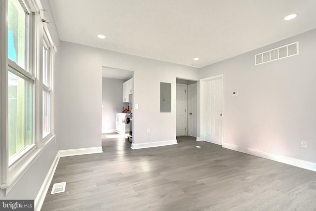 spare room featuring electric panel and hardwood / wood-style flooring