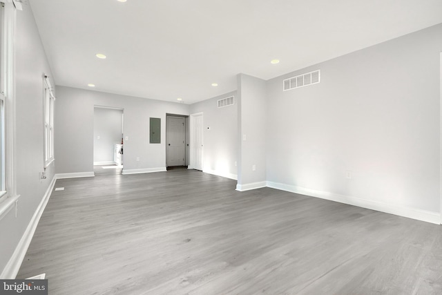 unfurnished living room with wood-type flooring and electric panel